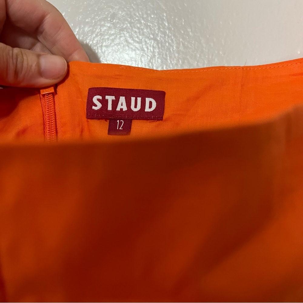 STAUD Elio Summer Mini Dress Off Shoulder Button Front Nectarine Orange Sz 12 - Picture 4 of 8